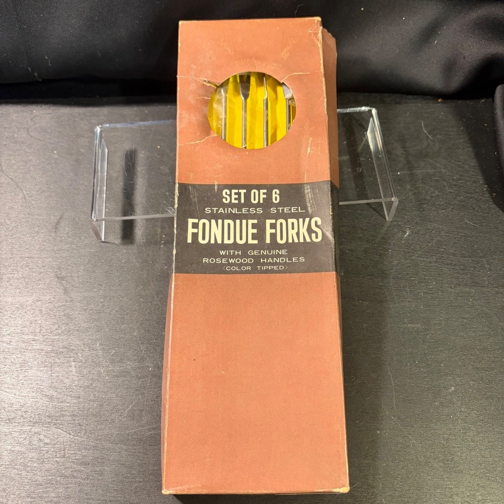 Vintage Set of 6 Stainless Steel Fondue Forks Genuine Rosewood Handles Color Tip